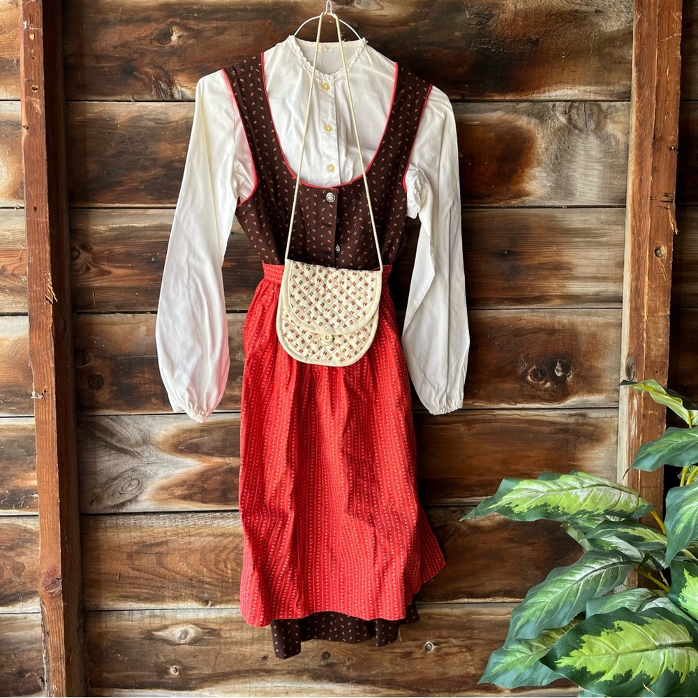 Vintage folk dress 4-piece 1970s European / apron blouse purse 7 8 9 10 12 M L